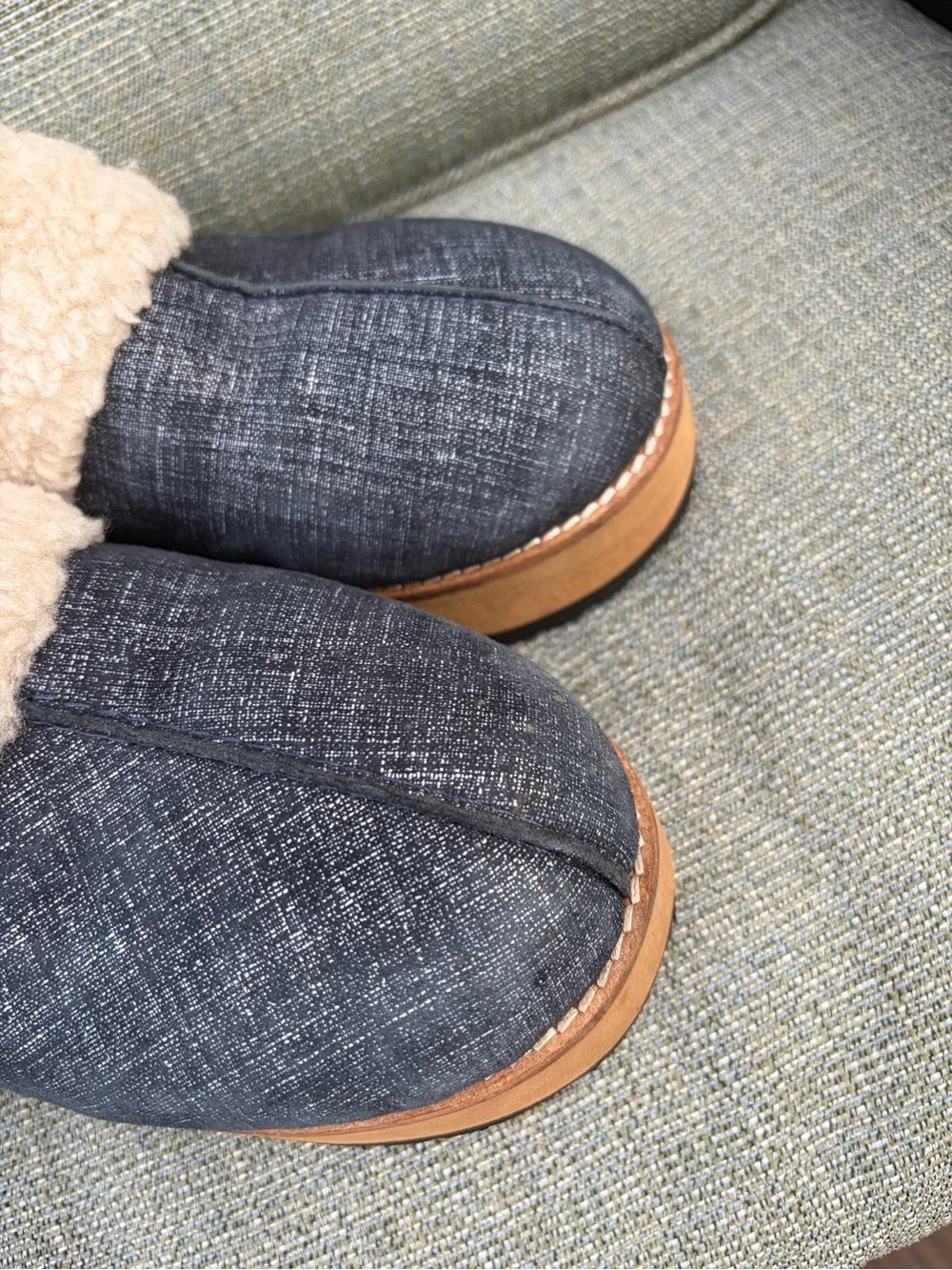 Seychelles Platform Mules Clogs Denim Plush Shearling Size 6 Wedge Cozy
